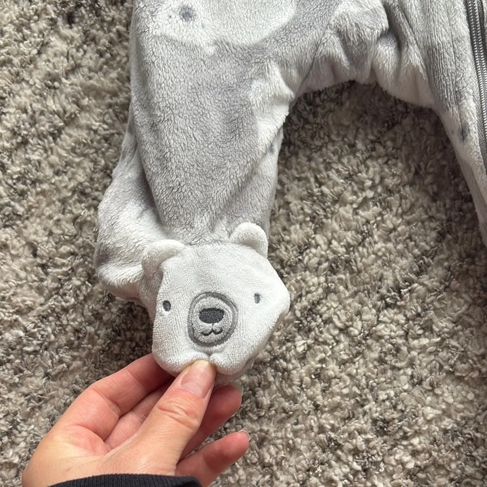 Carter's Gray Footies One Piece with mittens and hood bear design CUTE AND SOFT!